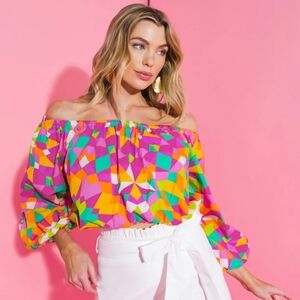 Flying Tomato Colorful Geometric Off-Shoulder Blouse